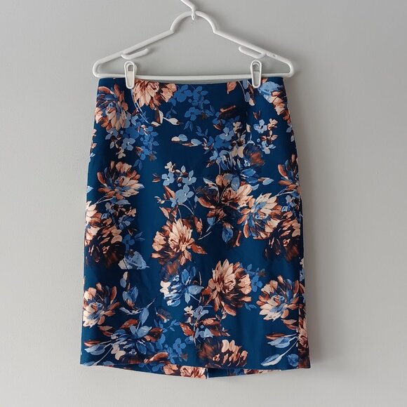 Talbots Pencil Skirt Floral Lined Mid-Weight Blue Brown Tan Professional Size 8 - Picture 5 of 10